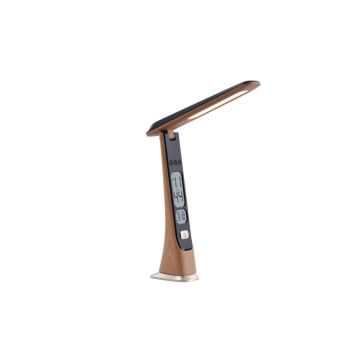 Lampe de bureau avec fonction r&eacute;veil, affichage de l'heure, lumiosit&eacute; r&eacute;glable, bras pliable, effet bois