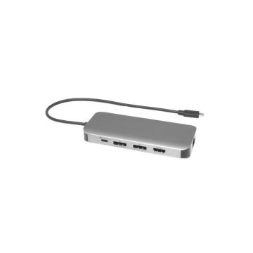 Station d'accueil Mobile USB‑C 9‑en‑1, affichage jusqu'à 3 écrans 4K via 1xHDMI + 2×DP. 1xUSB‑C PD 100W, 2xUSB‑A 2.0, USB-A 3.0, 1xUSB-C 10G, RJ45.