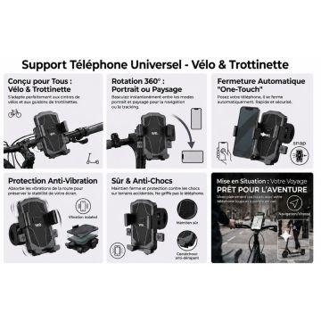 WE Support vélo/trottinette universel pour smartphones, ouverture manuelle et fermeture automatique en posant le téléphone - MAX 9,5CM