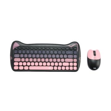 WE POP Pack clavier + souris sans-fil chat 2.4Ghz, r&eacute;cepteur USB + adapteur USB-C, 84 touches, piles incluses, noir et rose