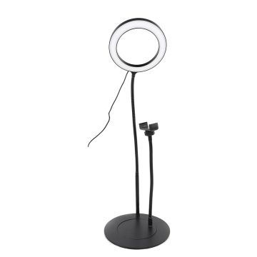 Anneau lumineux D.20 cm avec support téléphone universel sur pied métal séparable. 3 modes couleurs et 10 modes de luminosité. Connexion via port USB. Noir