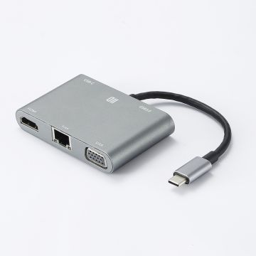 Hub USB-C universel - 5 ports : USB 3.0 + USB-C (PD, transfert et charge jusqu'à 100W) + RJ45 (1Gbit/s) + HDMI 4K + VGA (jusqu'à 1080p) - Coloris argent