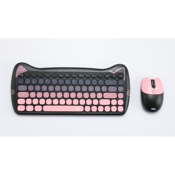 WE POP Pack clavier + souris sans-fil chat 2.4Ghz, récepteur USB + adapteur USB-C, 84 touches, piles incluses, noir et rose