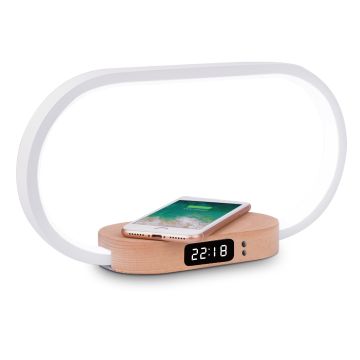 Lampe de chevet avec chargeur induction à 10W, lumiosité réglable, 1 port USB pour la charge, affichage l'heure, en alu et bois