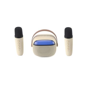 WE POP Mini enceinte karaoké à led + poignée, BT 5.4, rechargeable, 2 micros avec 5 sons, beige