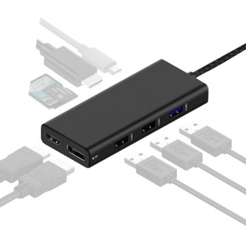 Station d'accueil Mobile USB‑C 9‑en‑1, affichage jusqu'à 3 écrans 4K via 1 DisplayPort + 2 HDMI. USB‑C PD 100W, 2xUSB‑A 2.0, USB-A 3.0, un lecteur SD et microSD