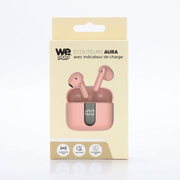 Ecouteurs sans-fil avec indicateur de charge AURA, Bluetooth, batterie intégrée 40mAh, Boitier de recharge 400mAh, ANC, rose