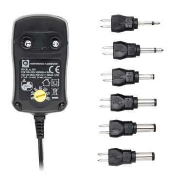 Bloc d'alimentation Universel 600mA +6 fiches - Entrée 240V 7.5W Sorties 3/4,5/5/6/7,5/9/12V