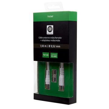 Câble Coaxial mâle/femelle 9.52 mm +adaptateur mâle/mâle 1.50 m,Blanc
