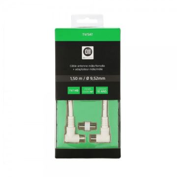 Câble Coaxial mâle/femelle Fiches coudé à 90° des 2 côtés 1.50 m Blanc 9.52 mm