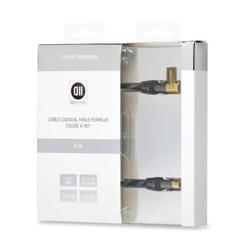 Câble coaxial Mâle/Femelle coudé à 90° 2 m 85dB Fiches or - double blindage