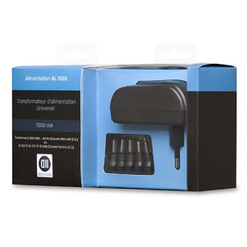 Bloc d'alimentation Universel1500mA +6 fiches - Entrée 240V 18W Sorties 3/4,5/5/6/7,5/9/12V