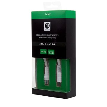 Câble Coaxial mâle/femelle 9,52mm +1 adaptateur mâle/mâle 3 m Blanc