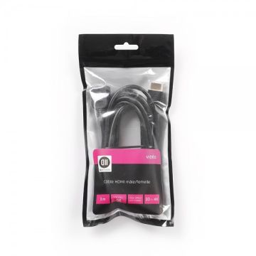 Rallonge HDMI mâle/femelle 3m noir, plaqué or, 4K, AWG 30 vendu en SACHET