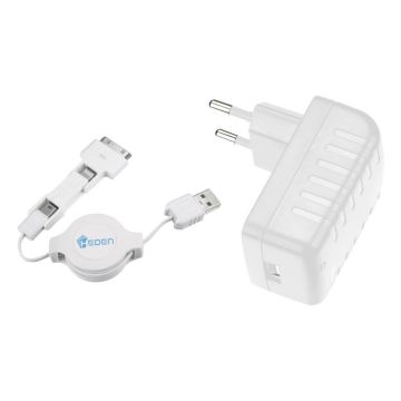 Chargeur prise murale Heden 3en1 Micro usb + 2 connectique apple Un câble rétractable de 80 cm Blanc