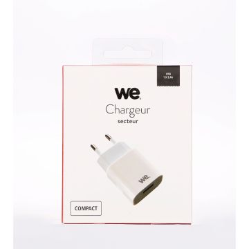 Chargeur secteur 1 USB 2.4A = 12W, coloris blanc