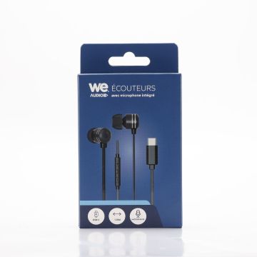 Ecouteurs WE filaire intra. Câble plat 1,20m, connecteur USB-C, boîtier de contrôle du volume et microphone intégré. Noir