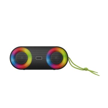 Enceinte BT RMS 5W*2 , lecteur USB/Micro SD, Aux IN, Radio FM, batterie rechargeable de 3000mAh, IP65 , jeu de lumière, dragonne amovible