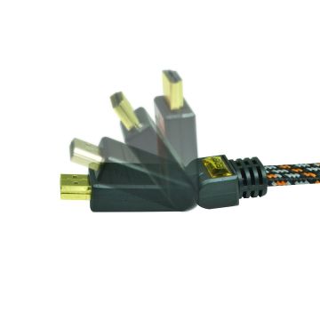 Câble HDMI 1.4 M/M, fiche or 3 mètres, nylon tressé, Ethernet 1 côté 90°c fixe,1 côté inclinable vendu en cavalier