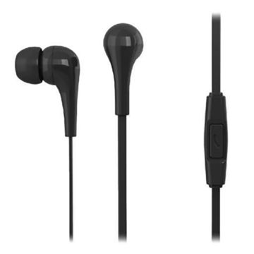 Ecouteurs avec micro, Noir, longueur câble 1.2m, connecteur jack 3.5mm, boitier de control intégré , livré av 2 pr de bouchons d'oreilles silicone, sous sachet