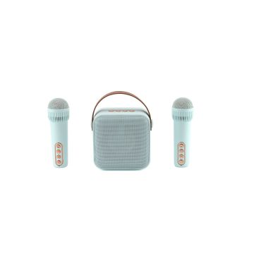 WE POP Mini enceinte karaoké + poignée, BT 5.4, rechargeable, 2 micros avec 5 sons, style rétro, bleu