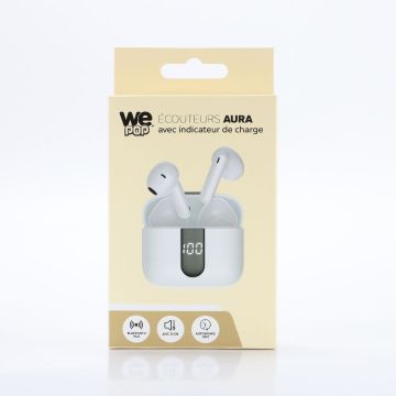 Ecouteurs sans-fil avec indicateur de charge AURA, Bluetooth, batterie intégrée 40mAh, Boitier de recharge 400mAh, ANC, blanc