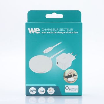Bundle Chargeur secteur USB-C PD 20W + Chargeur à induction blanc - Compatible MagSafe - Charge rapide jusqu'à 15W - Sortie USB-C - Blanc