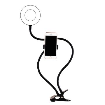WE Anneau lumineux led avec support téléphone universel et pince d'accroche. 3 modes couleurs et 10 modes de luminosité. Bras flexibles. Connexion via port USB.