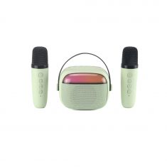 WE KIDS Mini enceinte karaoké à led + poignée, BT 5.4, rechargeable, 2 micros avec 5 sons, vert